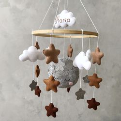 Moon and stars baby mobile neutral. Space baby mobile. Sky mobile. Star cloud mobile. Personalized baby mobile