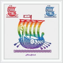 Cross stitch pattern Drakkar celtic knot dragon viking ship sea ethnic ornament rainbow monochrome counted crossstitch