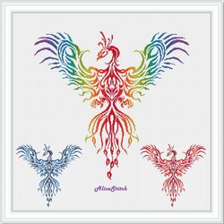 Cross stitch pattern bird phoenix silhouette abstract rainbow red blue monochrome counted crossstitch patterns/Download