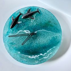 Wall clock resin whale shark hawaiian Christmas Gift Unique wall epoxy ocean clock housewarming gift Modern wall beach