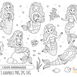 mermaids outline svg, mermaids clip art, outline, svg file, hand drawn, png, digital download