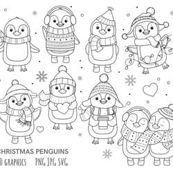 penguins outline svg, penguins clip art, outline, svg file, hand drawn, png, digital download