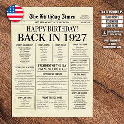 1927 poster, 96th birthday newspaper sign, 1927 birthday poster instant download, 96 years ago back in 1927