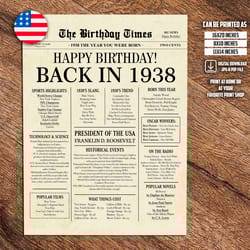 1938 poster, 85th birthday newspaper sign, 1938 birthday poster, 85 years ago back in 1938, 85th birthday decorations