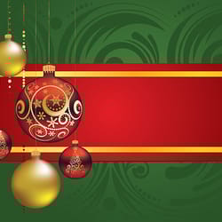 greeting card with decorative red and gold christmas balls ornaments