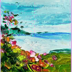 manarola oil painting italy original art abstract original artwork landscape wall art impasto textured teal painting