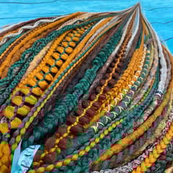 synthetic mix brown/green/ginger de crochet dreadlocks and different styles braids,fishtail,curly braids, wisdom braids