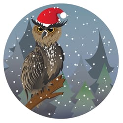 cartoon great horned owl on a tree branch in santa hat