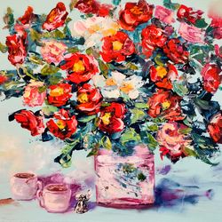roses flower coffee candy oil painting impasto original artist svinar oksana