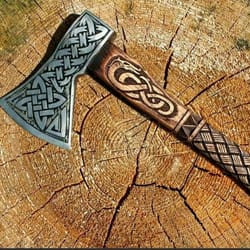 handmade viking carbon steel wooden engraved handle axe