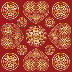 illustration of abstract golden ornament with hearts on red background
