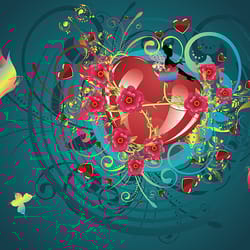 valentine greeting card with fairy, red roses and hearts