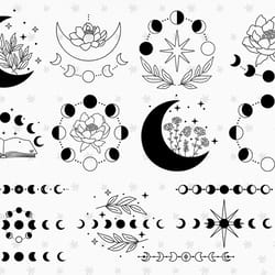 moon phases bundle svg & png celestial clipart, peony floral