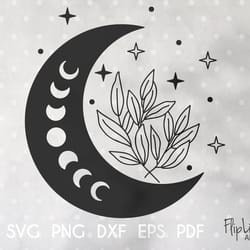 boho moon svg branch svg leaves svg celestial clipart crescent moon svg floral moon luna svg file for cricut