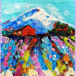 barn oil painting mountain original art abstract original artwork landscape wall art impasto textured surreal painting