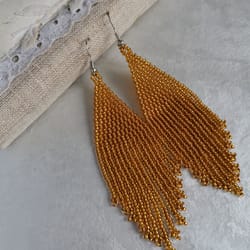 gold long dangle seed bead earrings sparkle fringe earrings for bride chandelier handmade beadwork jewelry gift women