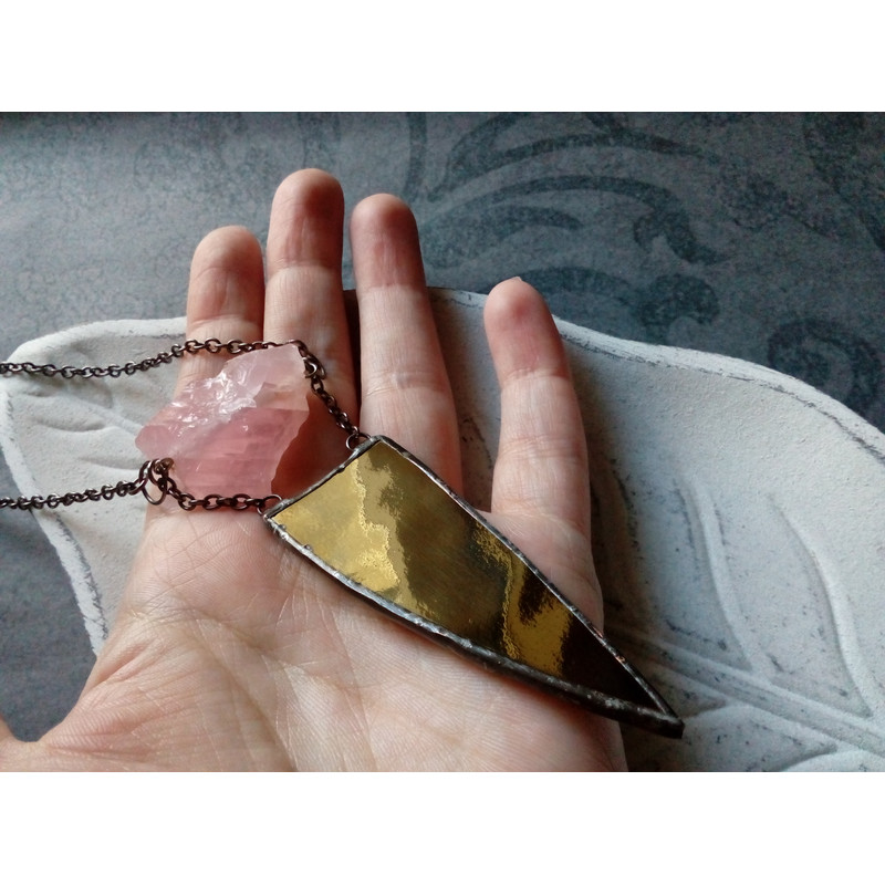 Spike-necklace-rose-quatrz-pendant-stained-glass-necklace-geometric-pendant-1