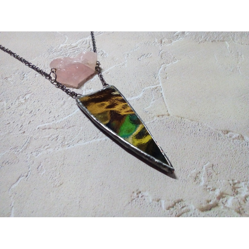 Spike-necklace-rose-quatrz-pendant-stained-glass-necklace-geometric-pendant-7