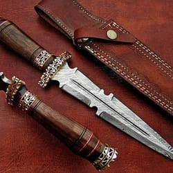 hunting dagger knife handmade damascus steel with leather sheath