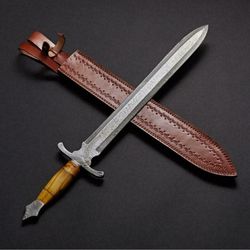 hand forged viking sword damascus steel with leather sheath