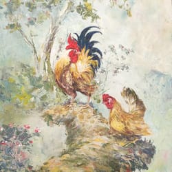 rooster and hen painting on canvas, chicken wall art, hen painting, nature art, rooster walking