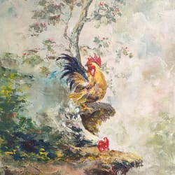 rooster and hen walk painting on canvas, chicken wall art, hen painting, nature art