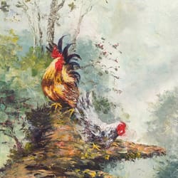 rooster looks at hen acrylic painting on canvas, chicken wall art, hen painting, nature art, rooster walking