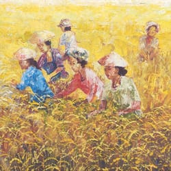yellow paddy field harvesting painting oil on canvas, rice field wall art
