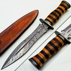 14" handmade damascus steel fixed blade hunting dagger knife leather roll handle