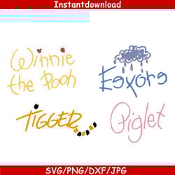 winnie the pooh and friends signatures, disney characters signatures svg, eeyore signaturessvg, tigger signatures svg, p