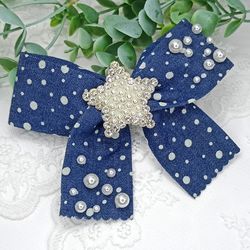 Denim Hair Bow with pearls