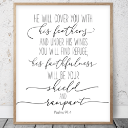 he will cover you with his feathers, psalms 91:4, bible verse printable art, scripture prints, christian gift, kids room
