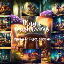 fairy forest mushroom digital paper pack - commercial use - 300 dpi jpeg download,8.5x11 in