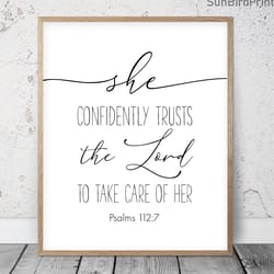 she confidently trusts the lord, psalms 112:7, nursery bible verse printable art, scripture prints, christian gift, kids