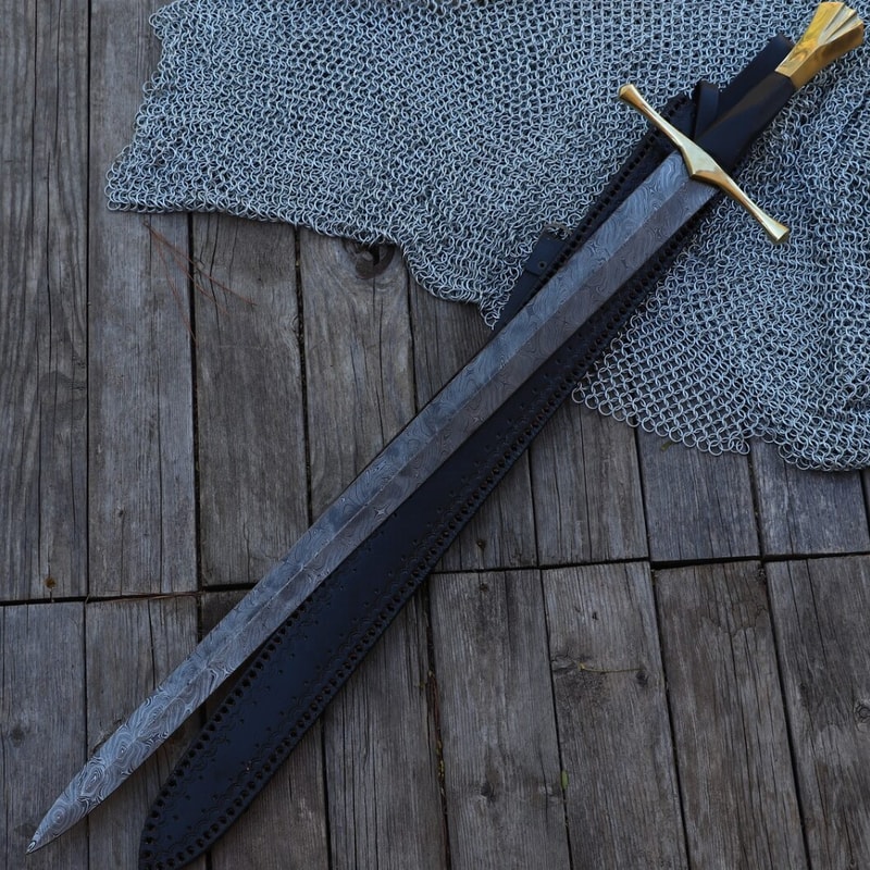 New Horizons Collectible Templar-Style Sword Hand Forged Damascus Steel Medieval Inspired Sword with Leather Sheath.jpg