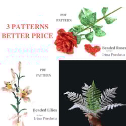 beaded rose, fern and and lilies | french beaded flowers pattern | seed bead patterns | beading tutorial
