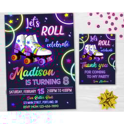roller skate birthday invitation girl skating invitation skating party invite roller rink roller drome neon disco party