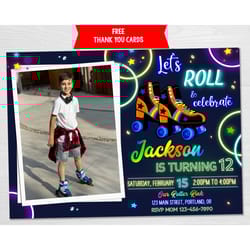photo roller skate birthday invitation boy skating invitation skating party invite roller drome rink neon disco party
