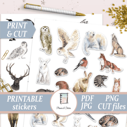 printable stickers watercolor forest animals stickers fox, deer, owl & bear decals die cut files life planner kit