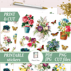 vintage flowers sticker pack, planner die cuts, floral scrapbooking materials, roses decal set, junk journal kit