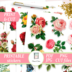 printable floral planner stickers vintage flower decals rose stickers for planner die cut sticker happy planner floral