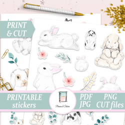 cute bunny die cut, printables watercolor rabbits stickers for kids, planner decor, bujo journal, scrapbooking elements