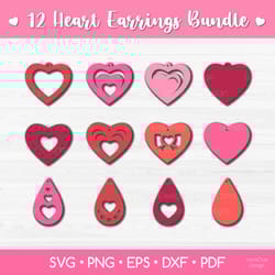 12 heart earrings bundle svg cut files - valentine's day jewelry template - heart pendant template - love earrings svg
