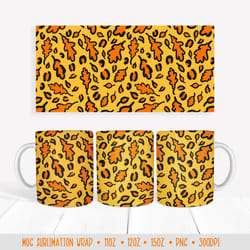 fall oak leaves leopard mug sublimation design. autumn mug wrap png