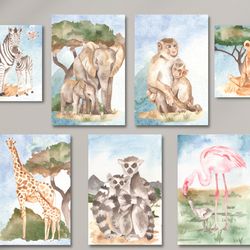 set of 7 mom and kid animals postcard, penpal, mini print, illustrated wall art, small gift, greeting cards, a6 postcard