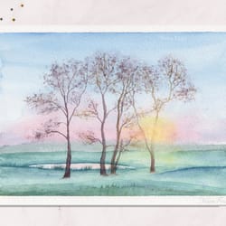 willows painting sunset painting landscape painting postcard original watercolor painting 5x7