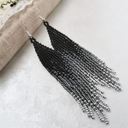 black and silver long dangle seed bead earrings gradient ombre fringe chandelier handmade beadwork jewelry gift women