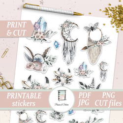printable stickers, boho floral planner stickers, watercolor flower decals, dreamcatcher and crystal die cut
