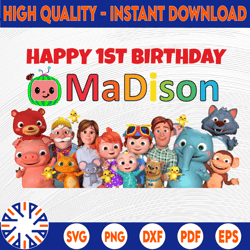 cocomelon personalized name and ages ,happy 1st birthday cocomelon family png, coco melon png, cocomelon printable