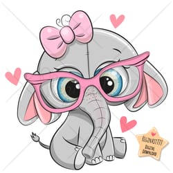 cute cartoon elephant png, clipart, sublimation design, children printable, glasses, girl, art
